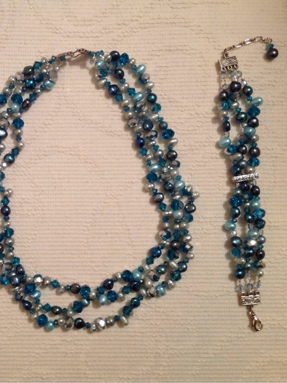 Blue Multi-Strand Beaded Necklace and Bracelet Set